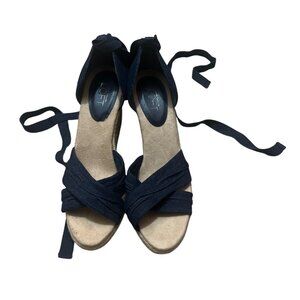 Ann Taylor Loft Navy Blue Fabric Upper Espadrille Wedge Sandals With Wraparound